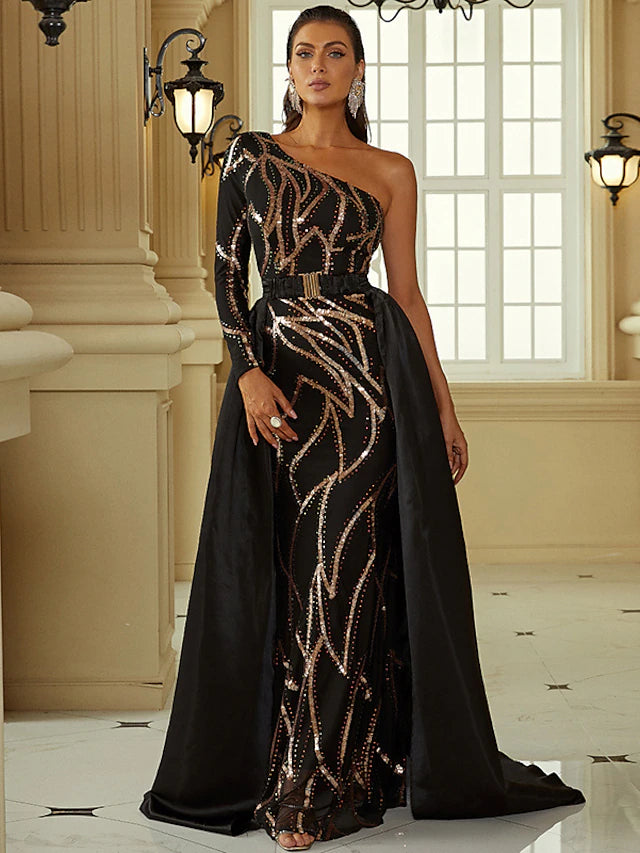 Meerjungfrau/Trompete Abendkleid Sexy Kleid Formelle Hofschleppe Langarm Eine Schulter Polyester mit Pailletten